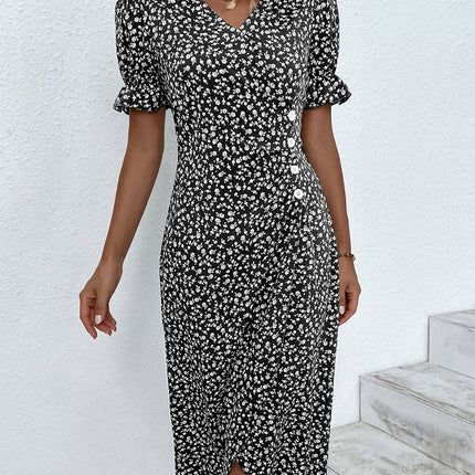 Women's Floral Midi Dress with Button Detail