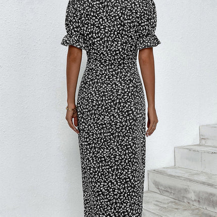 Women's Floral Midi Dress with Button Detail
