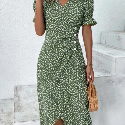 Women's Floral Midi Dress with Button Detail