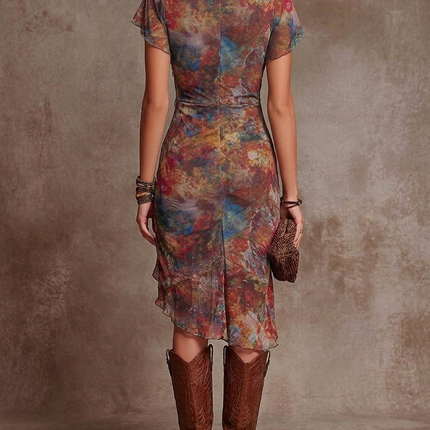 Women's Floral Ruched Midi Dress with Flutter Sleeves