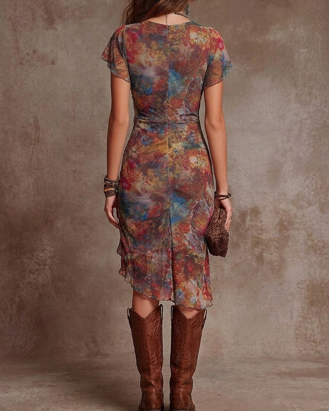 Women's Floral Ruched Midi Dress with Flutter Sleeves
