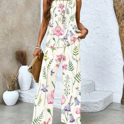 Women's Floral Wide Leg Pants Set Layered Sleeveless Top