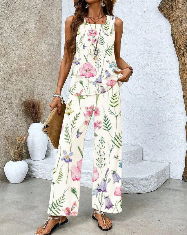 Women's Floral Wide Leg Pants Set Layered Sleeveless Top
