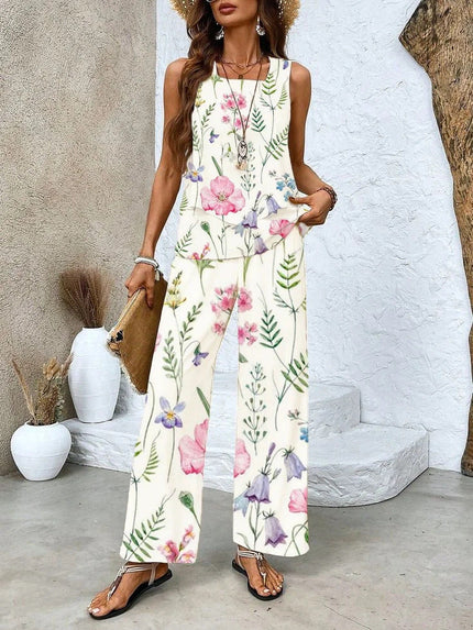 Women's Floral Wide Leg Pants Set Layered Sleeveless Top