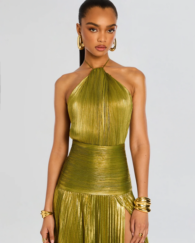 Women's Formal Halter Maxi Wedding Guest Dress with High Slit