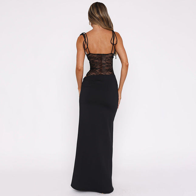 Women's Formal Maxi Wedding Guest Dress with Lace Panel