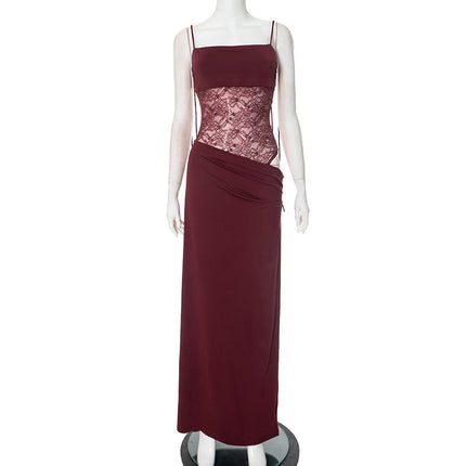 Women's Formal Maxi Wedding Guest Dress with Lace Panel