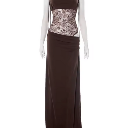 Women's Formal Maxi Wedding Guest Dress with Lace Panel
