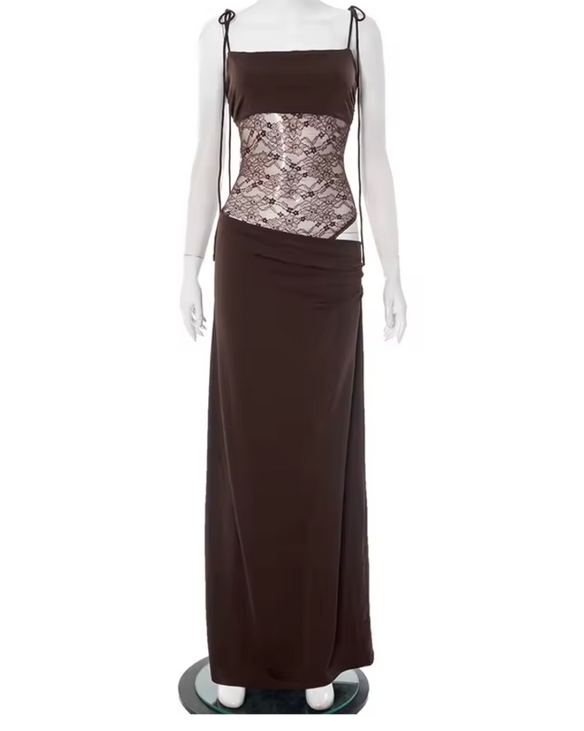 Women's Formal Maxi Wedding Guest Dress with Lace Panel
