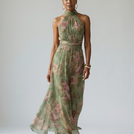 Women's Garden Wedding Guest Maxi Dress with Halter Neckline