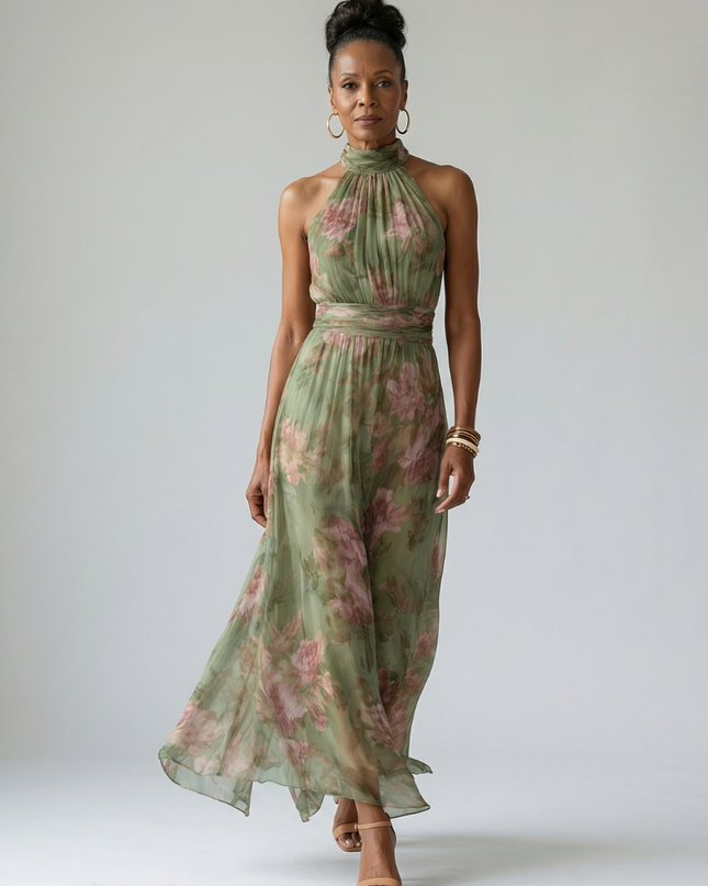 Women's Garden Wedding Guest Maxi Dress with Halter Neckline