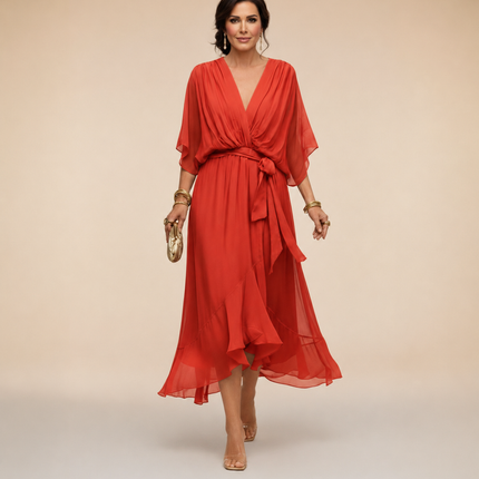 Women's Garden Wedding Guest Midi Dress with Flutter Sleeves