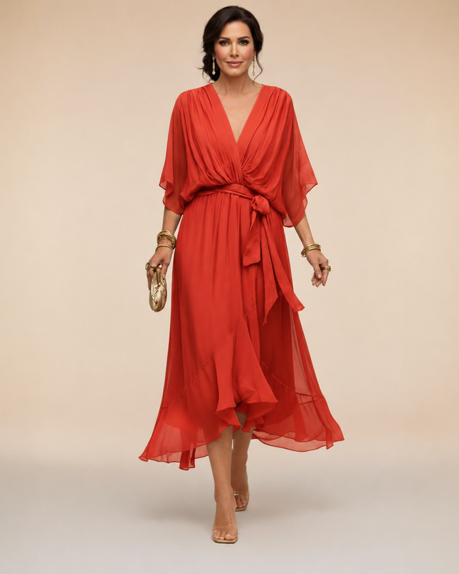 Women's Garden Wedding Guest Midi Dress with Flutter Sleeves