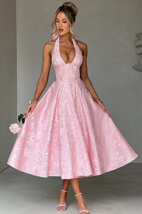 Women's Garden Wedding Guest Midi Dress with Halter Neckline