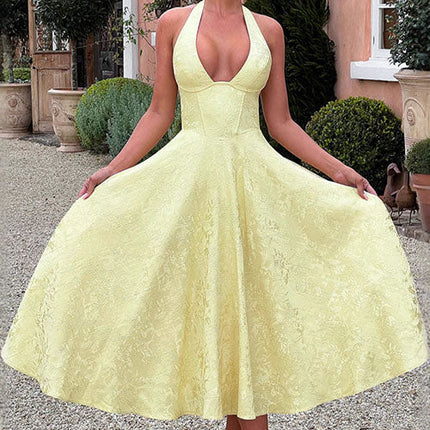 Women's Garden Wedding Guest Midi Dress with Halter Neckline