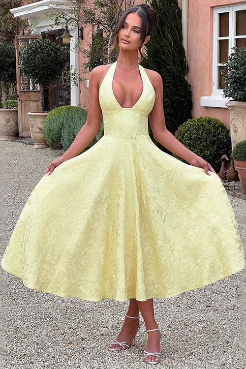 Women's Garden Wedding Guest Midi Dress with Halter Neckline