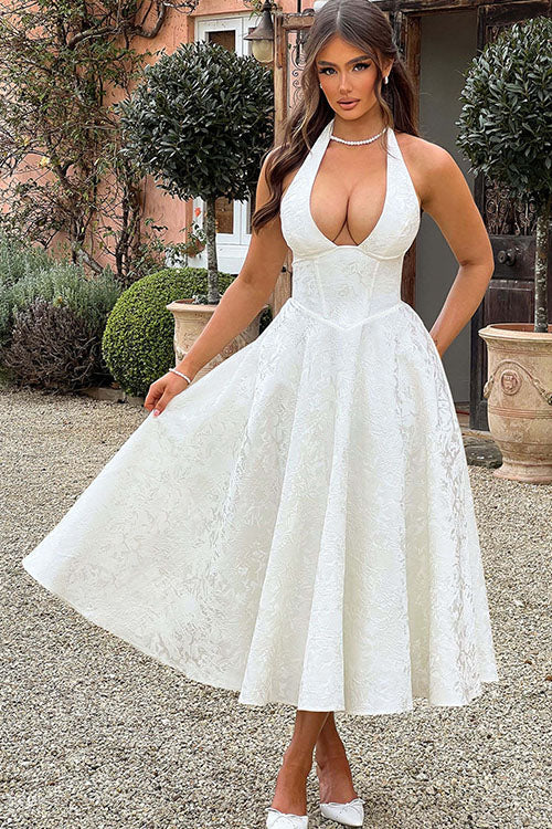 Women's Garden Wedding Guest Midi Dress with Halter Neckline