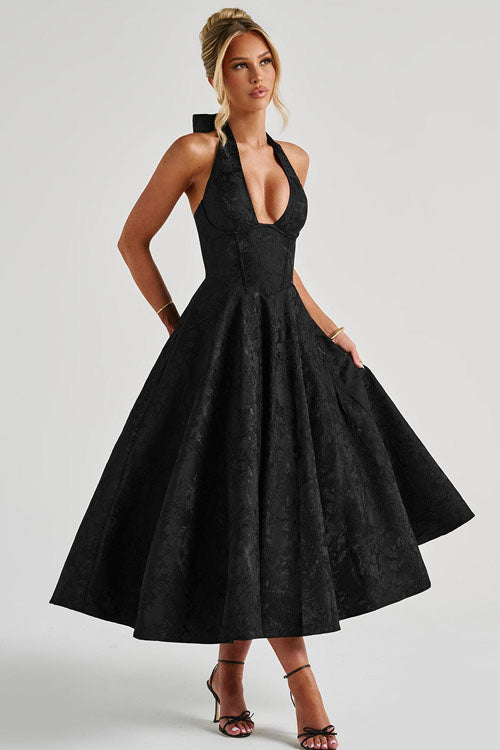 Women's Garden Wedding Guest Midi Dress with Halter Neckline