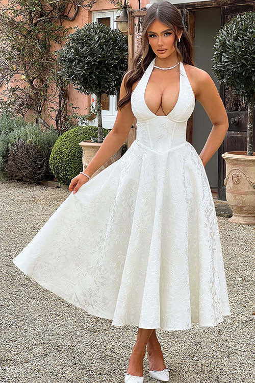 Women's Garden Wedding Guest Midi Dress with Halter Neckline