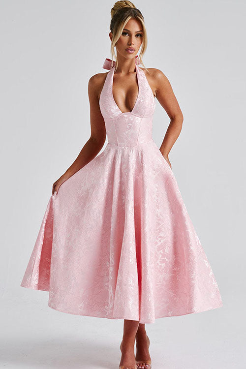 Women's Garden Wedding Guest Midi Dress with Halter Neckline