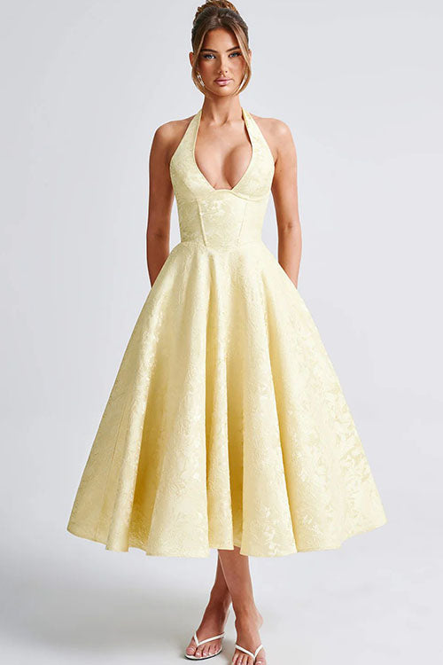 Women's Garden Wedding Guest Midi Dress with Halter Neckline