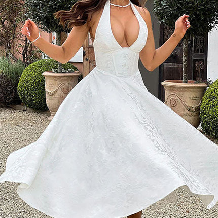 Women's Garden Wedding Guest Midi Dress with Halter Neckline