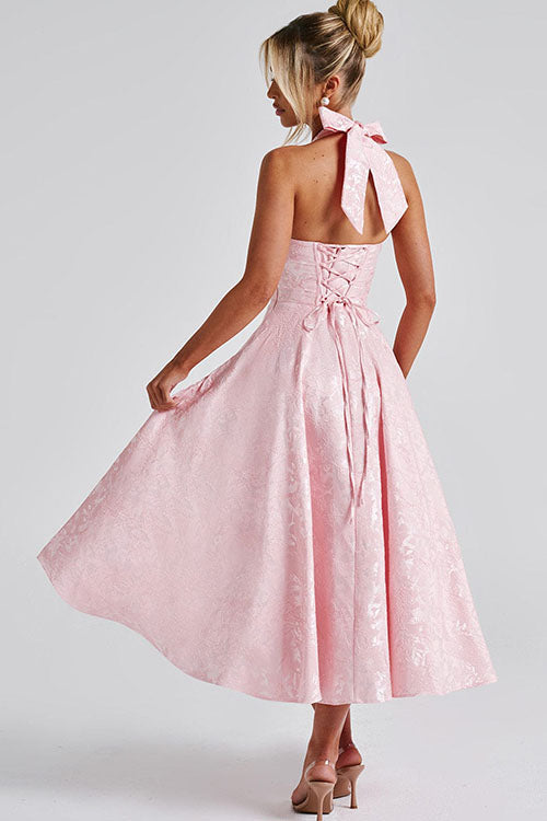 Women's Garden Wedding Guest Midi Dress with Halter Neckline
