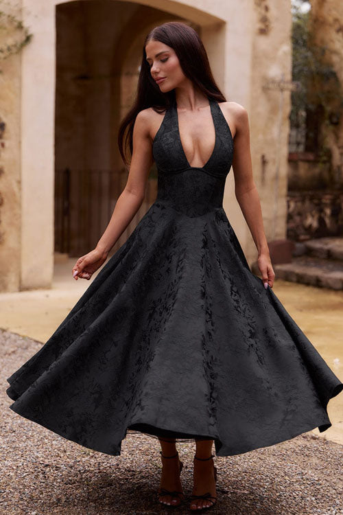 Women's Garden Wedding Guest Midi Dress with Halter Neckline