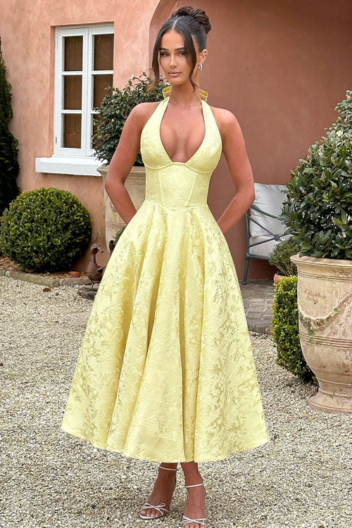 Women's Garden Wedding Guest Midi Dress with Halter Neckline