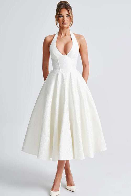 Women's Garden Wedding Guest Midi Dress with Halter Neckline