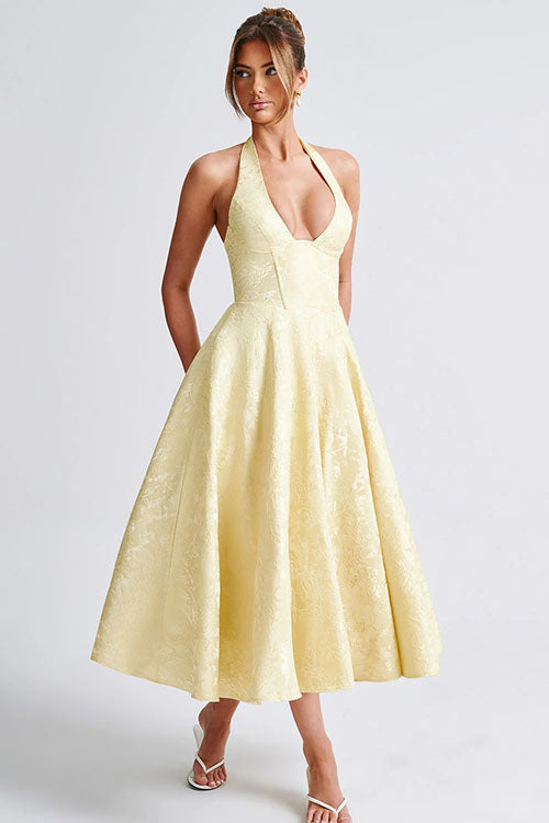 Women's Garden Wedding Guest Midi Dress with Halter Neckline