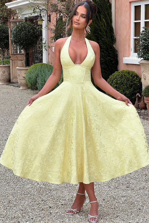 Women's Garden Wedding Guest Midi Dress with Halter Neckline