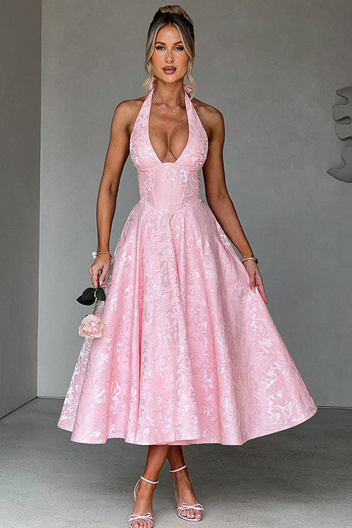 Women's Garden Wedding Guest Midi Dress with Halter Neckline