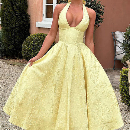 Women's Garden Wedding Guest Midi Dress with Halter Neckline