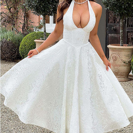 Women's Garden Wedding Guest Midi Dress with Halter Neckline