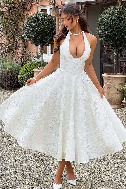 Women's Garden Wedding Guest Midi Dress with Halter Neckline