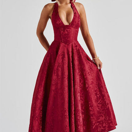 Women's Garden Wedding Guest Midi Dress with Halter Neckline