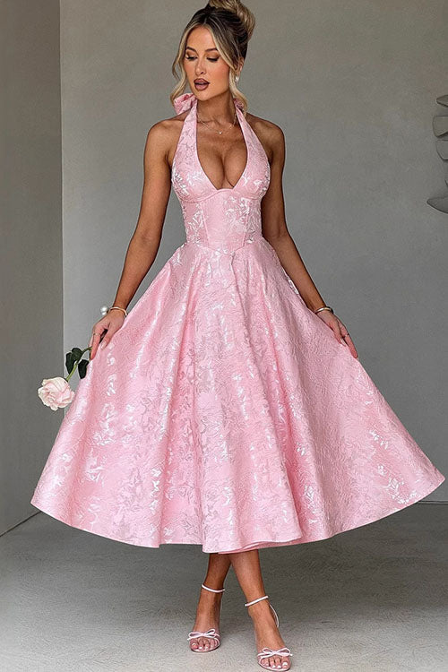 Women's Garden Wedding Guest Midi Dress with Halter Neckline
