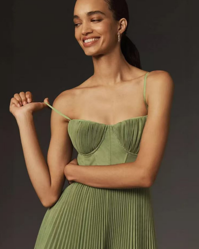 Women's Garden Wedding Guest Midi Dress with Pleated Skirt
