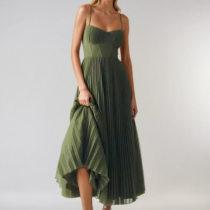 Women's Garden Wedding Guest Midi Dress with Pleated Skirt