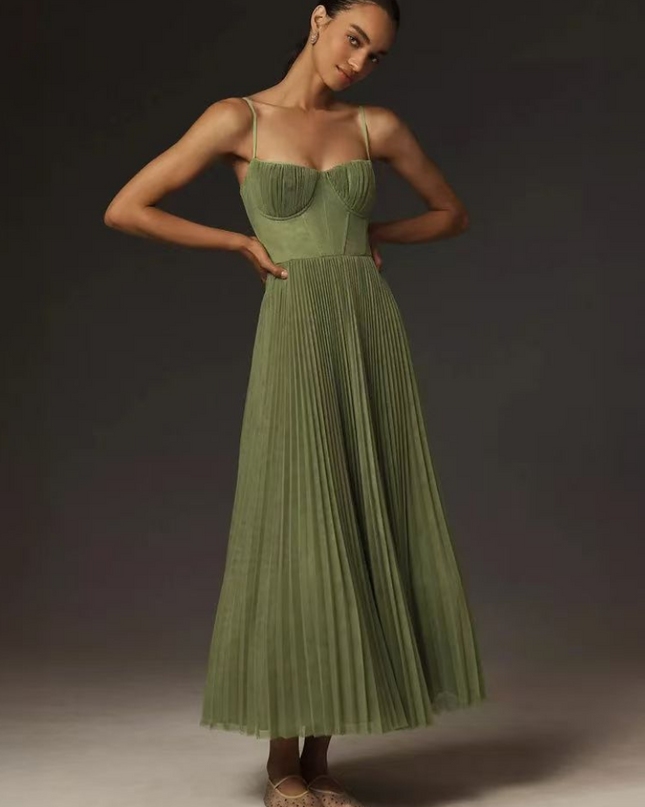 Women's Garden Wedding Guest Midi Dress with Pleated Skirt