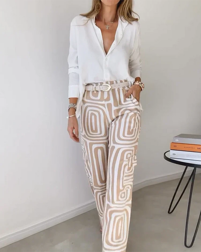 Women's Geometric Print Wide Leg Pants Set with Belt