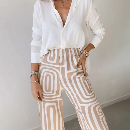 Women's Geometric Print Wide Leg Pants Set with Belt