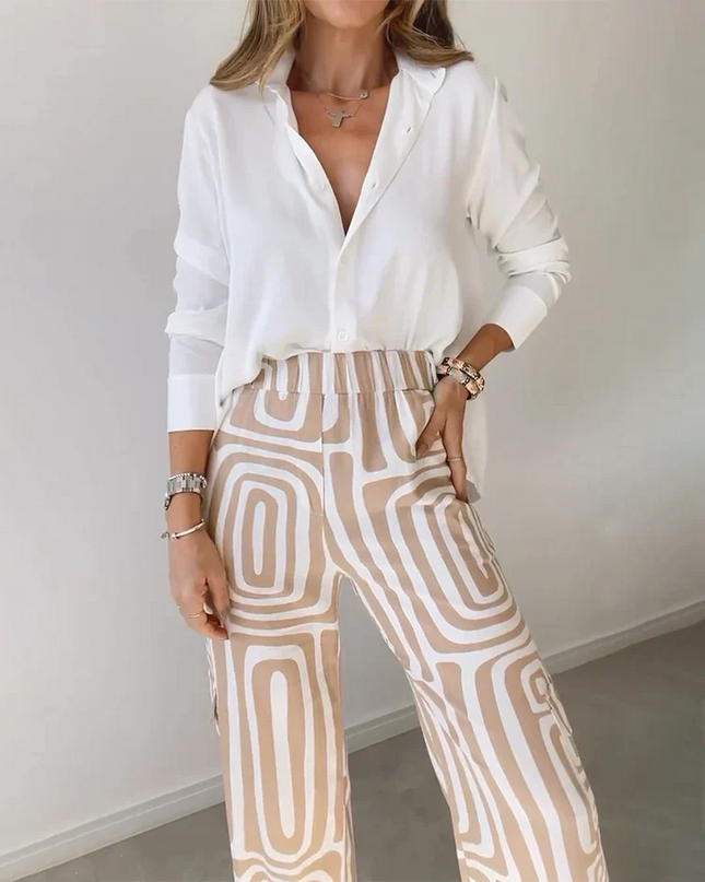 Women's Geometric Print Wide Leg Pants Set with Belt