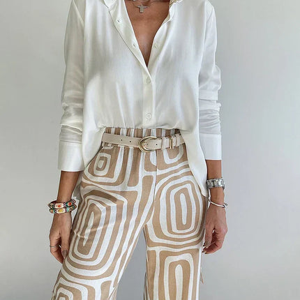 Women's Geometric Print Wide Leg Pants Set with Belt