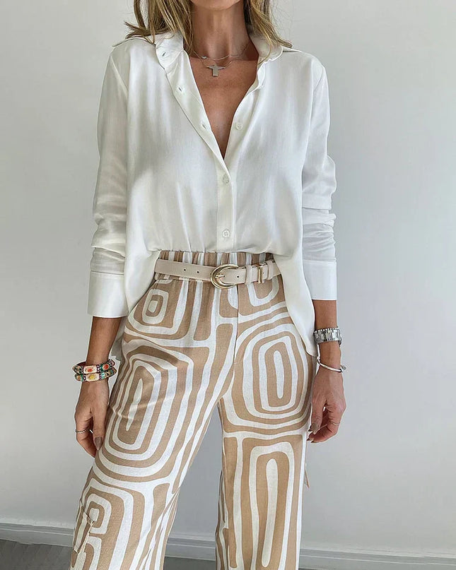 Women's Geometric Print Wide Leg Pants Set with Belt