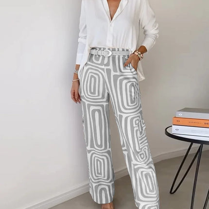 Women's Geometric Print Wide Leg Pants Set with Belt