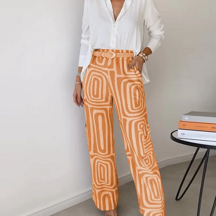 Women's Geometric Print Wide Leg Pants Set with Belt