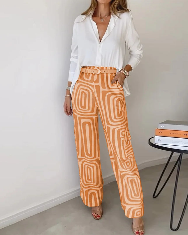 Women's Geometric Print Wide Leg Pants Set with Belt