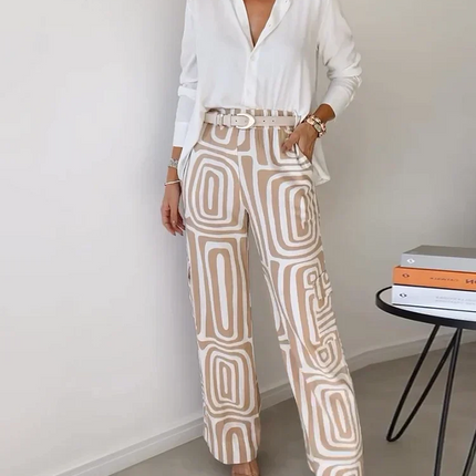Women's Geometric Print Wide Leg Pants Set with Belt